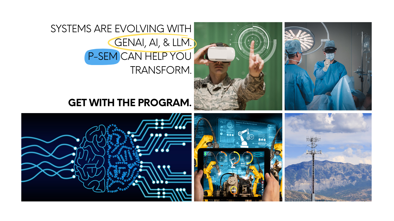 Combination image that reads: GenAI, AI & LLM. P-SEM can help you transform. Get with the program.